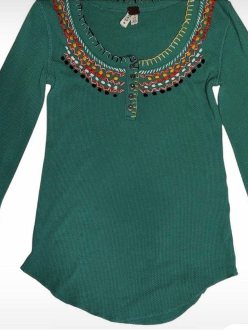 Women's Free People Teal Embroidered Long-Sleeve Henley Top